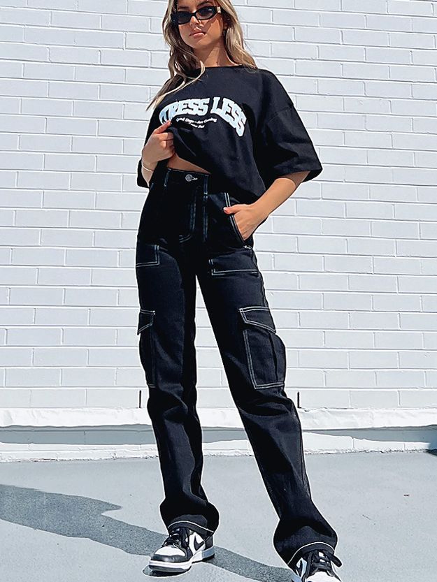 2023 European and American women's jeans Amazon autumn and winter new women's pants personality fashion stitching straight multi-pocket worker