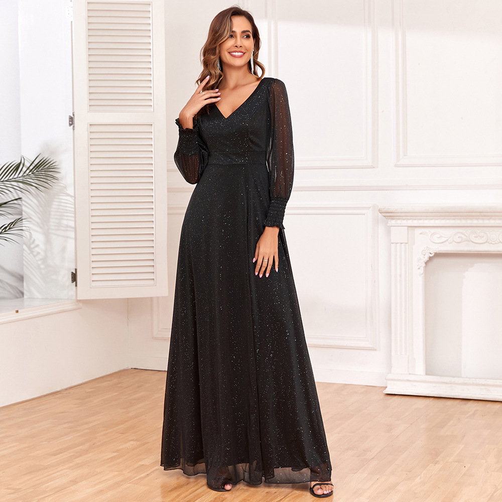 New European and American Long Perspective Sleeve Stitching Long Dress V-Neck High Split Big A Sparkling Full Lining Quality Evening Dress