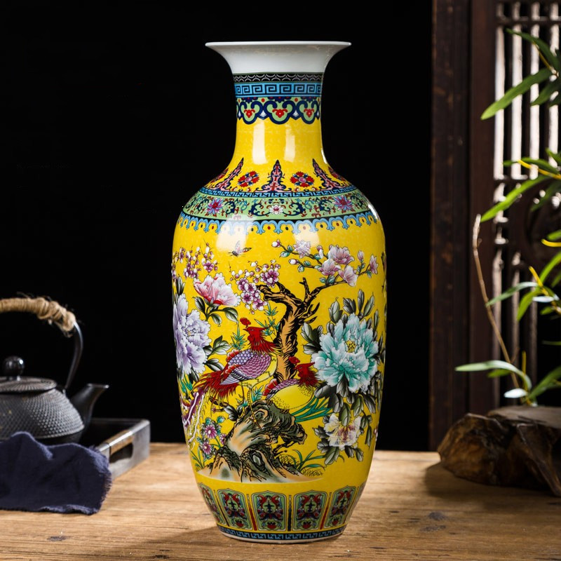Jingdezhen Ceramic Chinese Living Room Wine Cabinet Porch Decorations Vase Ornaments Enamel Color Hydroponic Bamboo Vase
