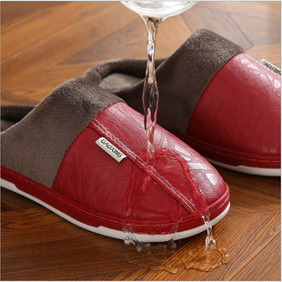 PU leather cotton slippers men's home waterproof thick bottom warm indoor couple winter home woolen slippers women's autumn and winter