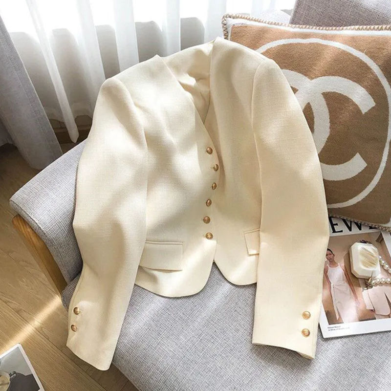 Chanel style suit jacket women's short autumn new creamy-white simple temperament small V-neck suit