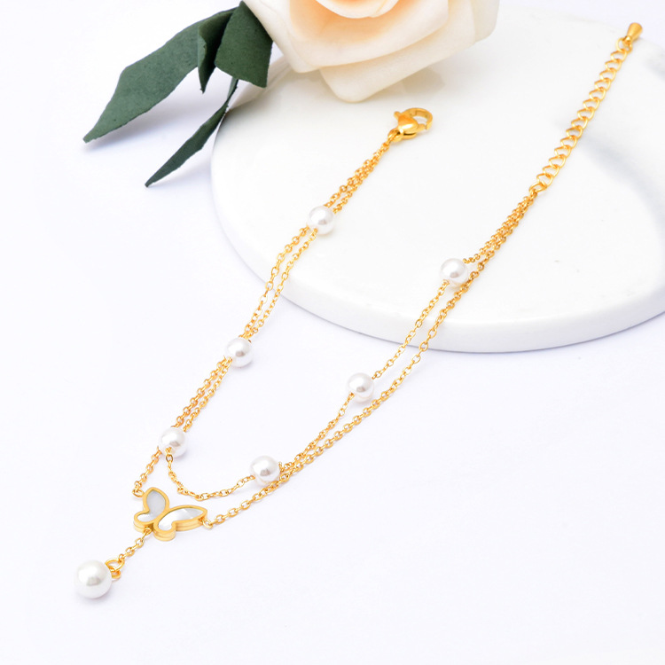 Korean style fashion double-layer anklet Pearl butterfly pendant fashion Shell anklet titanium steel color retaining jewelry girls gift