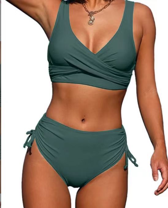 Swimsuit split bikini solid color cross strap Amazon high waist swimsuit European and American foreign trade sexy biki