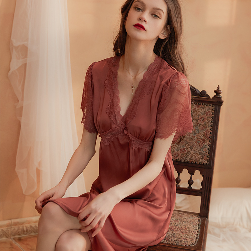 Spring and Summer Bridal Wedding Morning Gown Short-sleeved Long Dress Wedding Pajamas Distinctive Lace Hollow-out Sexy Nightgown