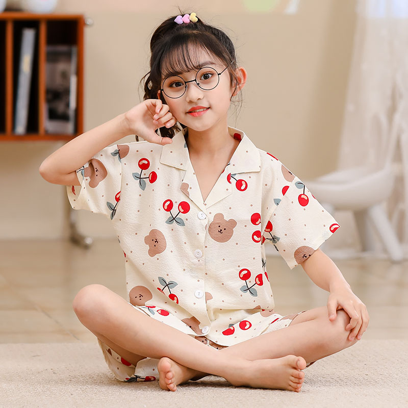 Summer Bubble Crepe Cotton Children's Pajamas Lapel Cardigan Short Sleeve Shorts Cute Sweet Kids Home Clothes