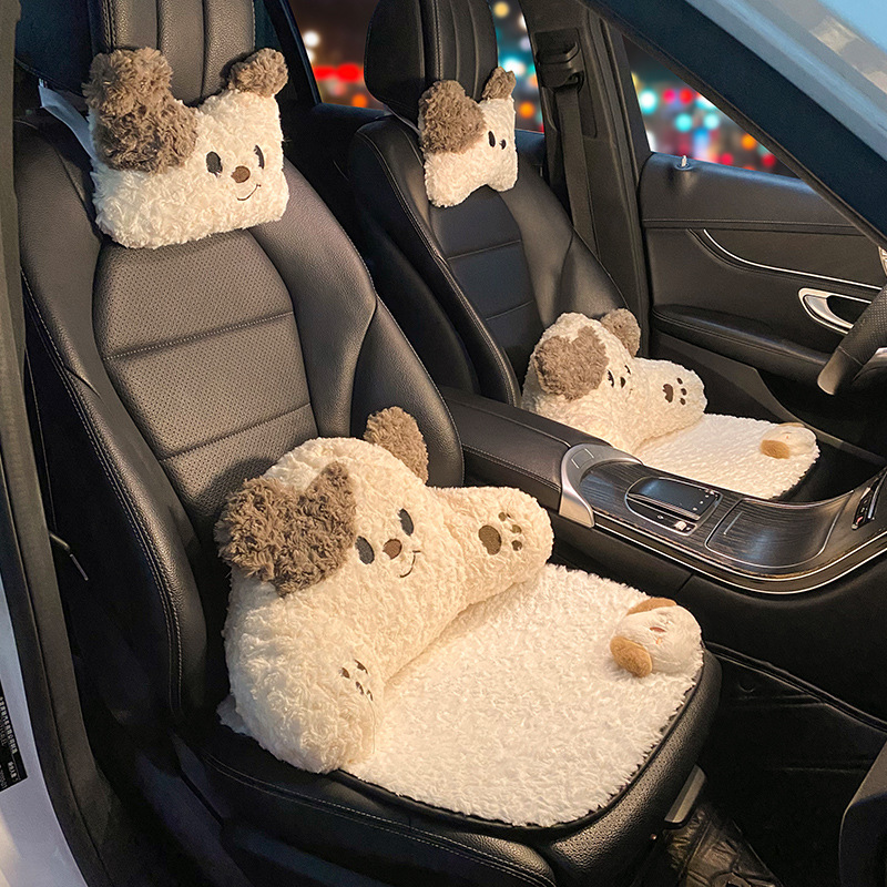 Almohada para el cuello y el reposacabezas del automóvil, un par de almohadas para conductora femenina, linda almohada para el automóvil con forma de cachorro, almohada para el cuello y la cintura del asiento del automóvil_voghion.com
