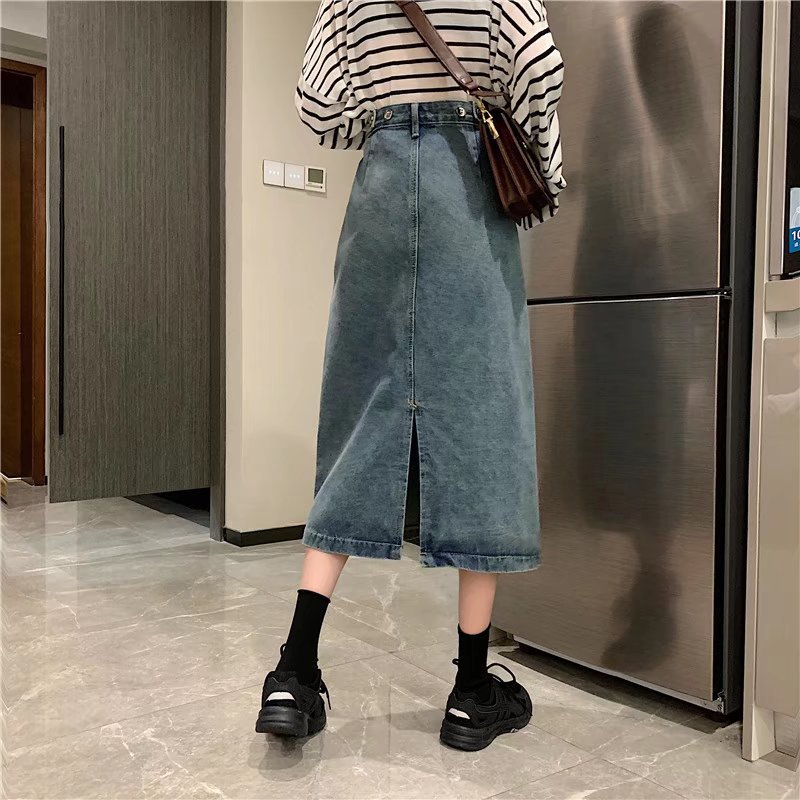 Denim skirt women 2022 autumn Hong Kong flavor retro long high waist slim split denim skirt wholesale
