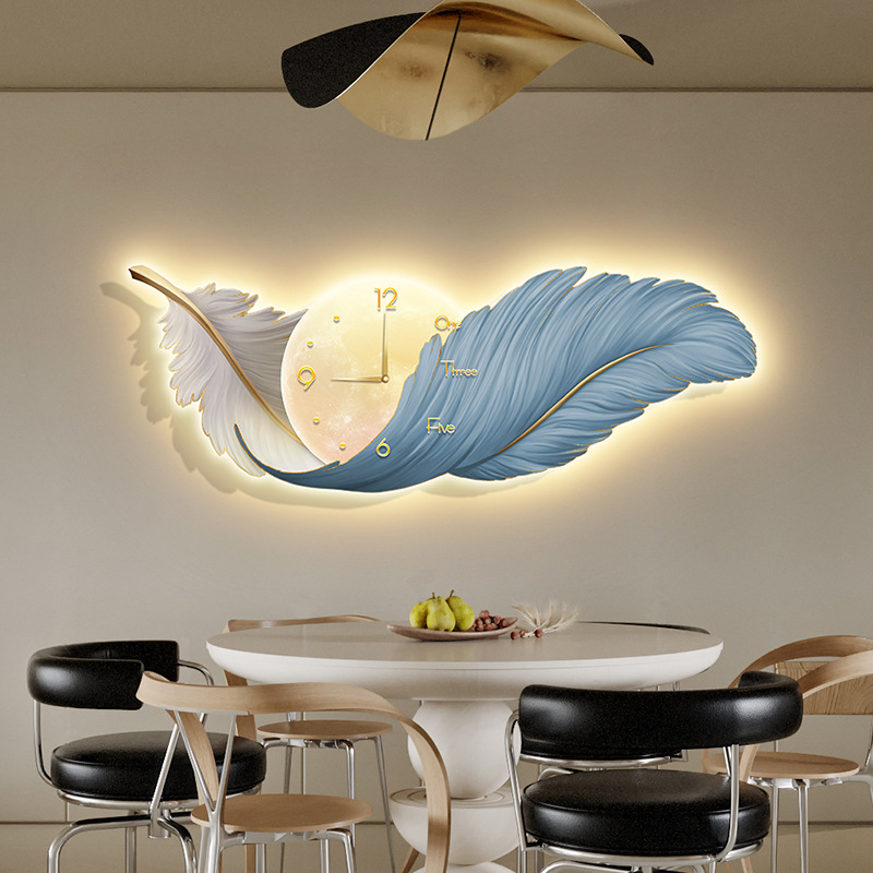 LED clock with lights, feather clock, luxury high-end atmospheric exquisite dining room restaurant decorative painting, living room wall art