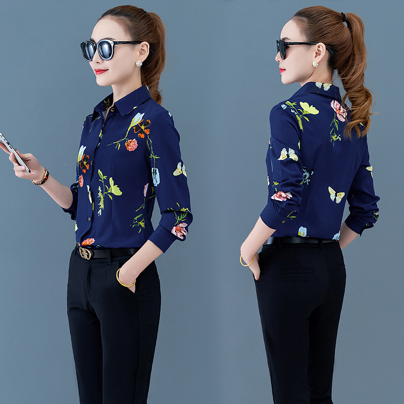 Spring new dark blue printed women's long-sleeved shirt new women's top clothes for middle-aged mothers western style top shirt