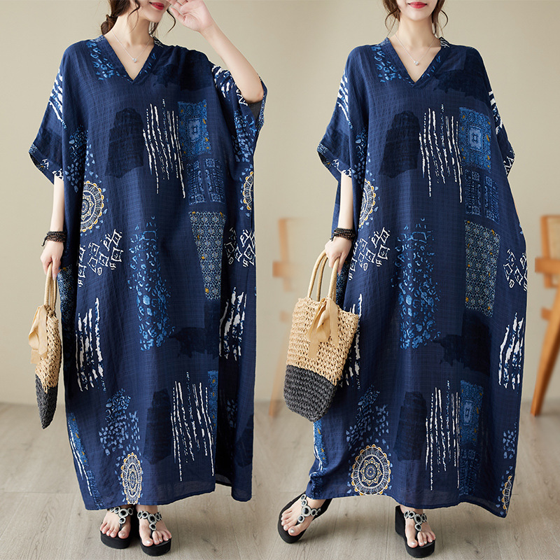 Real Shot 2024 Summer Thin Cotton and Linen Large Size Artistic Retro Loose Vacation V-Neck Beach Dress for Women