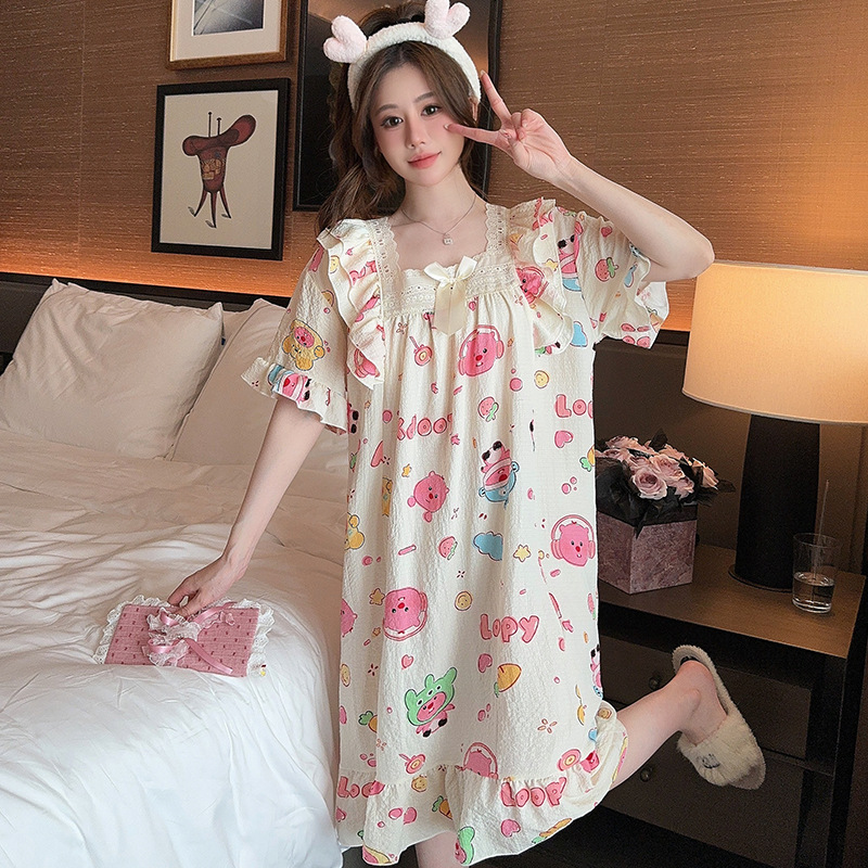 Summer Bubble Cotton Nightgown Women's Cute Sweet Princess Style Short-sleeved Mid-length Nightgown Plus Large Size Home Clothes