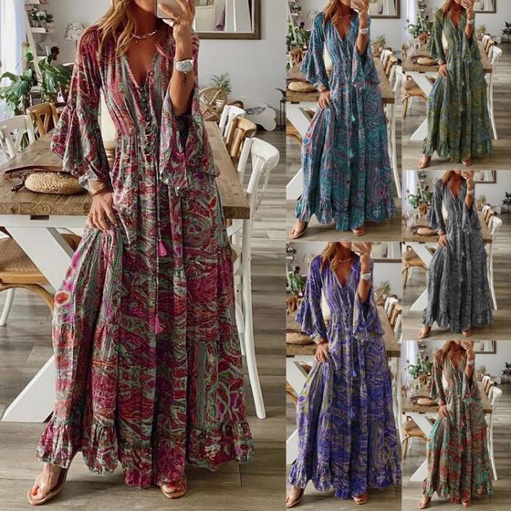 2023 European and American Cross-border Bohemian Flare Sleeve Printed V-neck High Waist Vacation Dress Floral Long Dress
