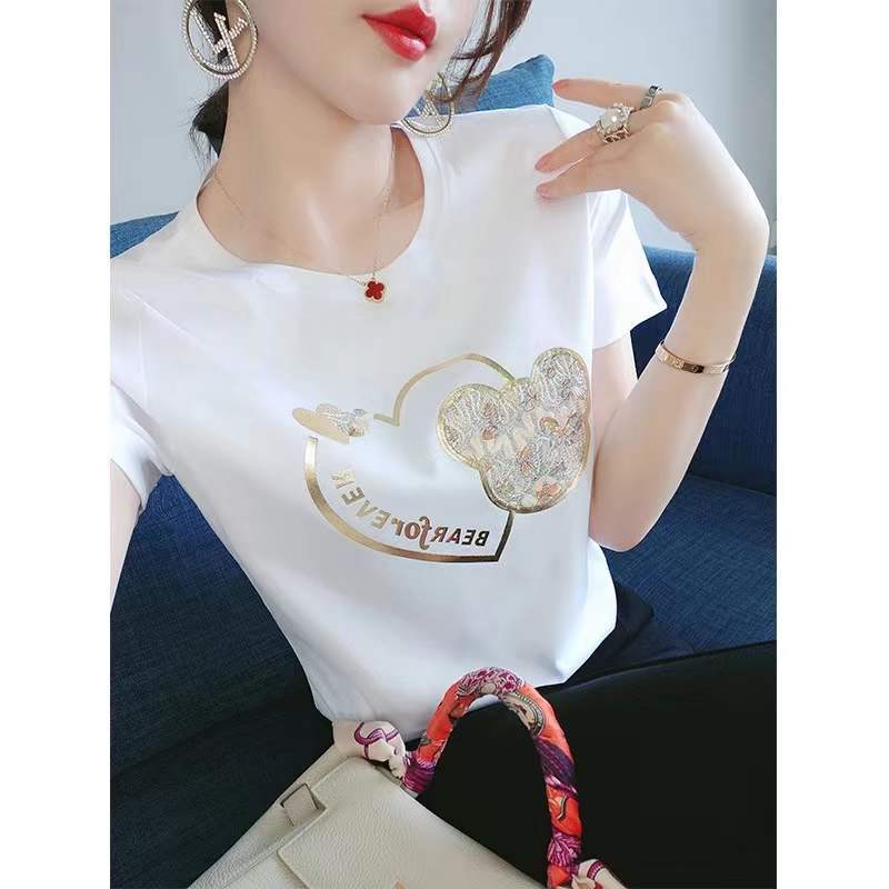 Heavy industry bronzing bear short-sleeved T-shirt for women  spring and summer Korean style personalized design loose new inner top