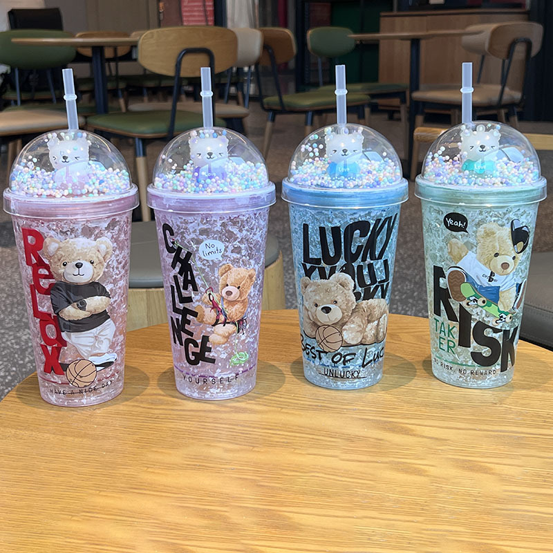 Cross-border new high-looking teddy bear cartoon plastic water cup straw Cup double-layer Cup sequins ice Cup