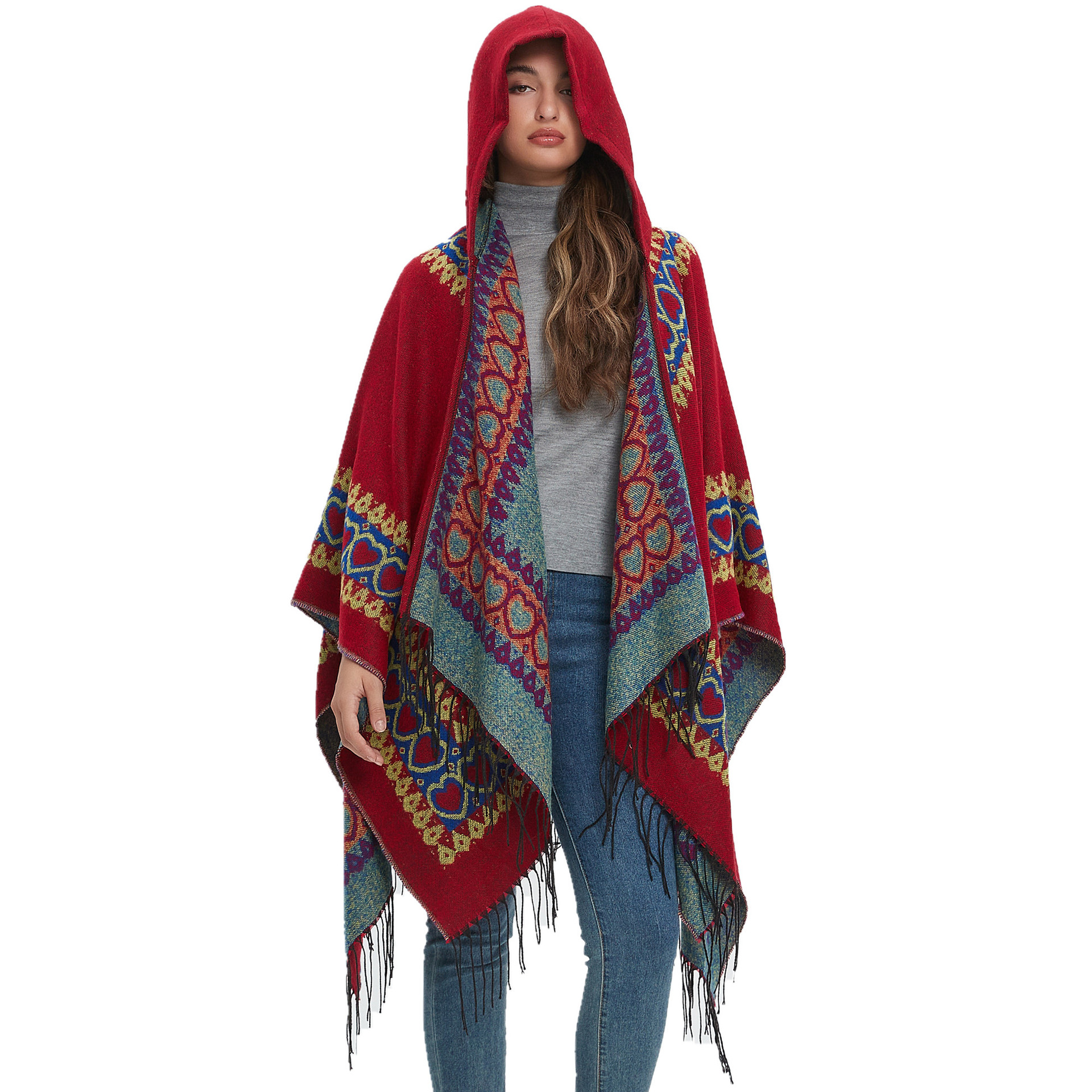 Cross-border 23 foreign trade new shawl European and American spring and autumn winter cloak ethnic style lovely red tassel hooded cloak