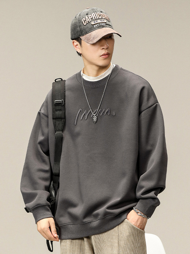 Also stop men's American retro heavy embroidered sweater men's spring new loose plus size fashion brand round neck top men's
