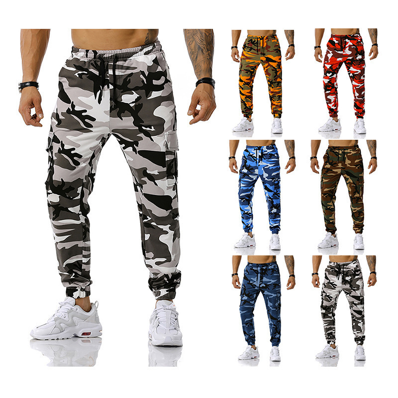 2023 foreign trade new European size men's stitching camouflage jogging pants outdoor sports pants football training pants fitness pants
