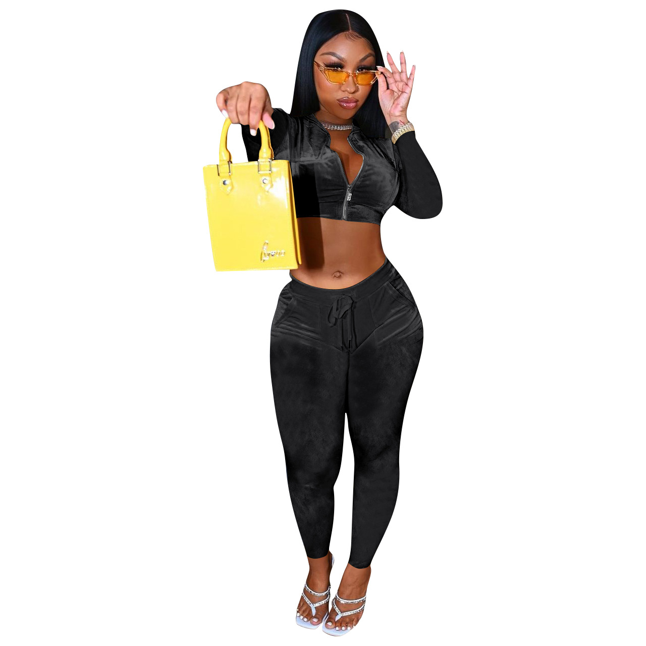 FE176 Special Price No Return No Change European and American Cross-border Women's Clothing suit Fall/Winter Gold Velvet Solid Color Sexy Two-piece Set