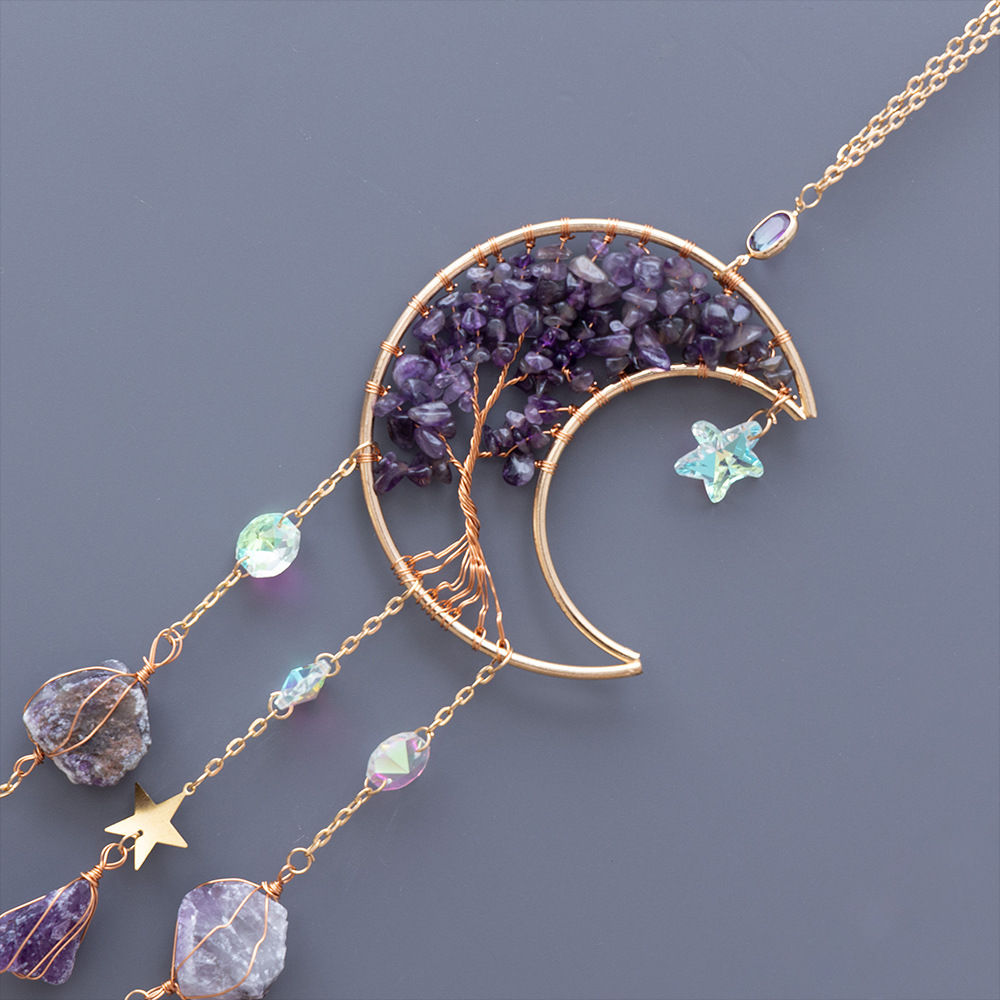 Amazon Natural Amethyst Gravel Moon Sun Catcher Wind Bell Lighting Pendant Home Decoration Gift Wholesale