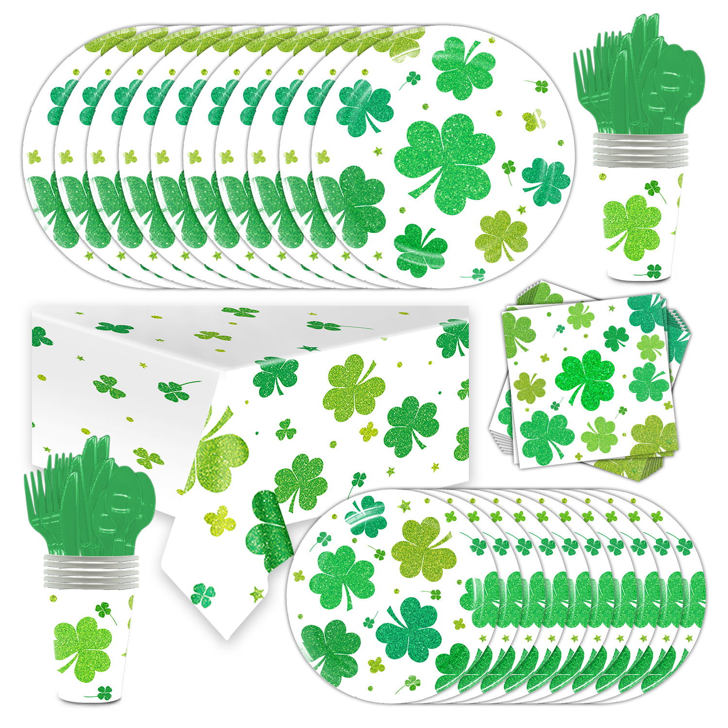 St Patrick's Day theme Jincong Clover paper plate tissue tablecloth for 12 people party tableware suit decoration