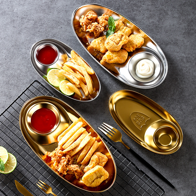 304 Stainless Steel Snack Plate French Fries Oval Plate Simple Dip Tray Western Food Dumpling Seasoning Sub-mother Plate
