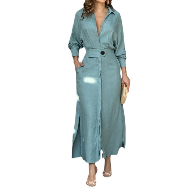 Amazon 2024 European and American New Commuter Lace Solid Color Waist Long Sleeve Deep V-Neck Summer Women's dress