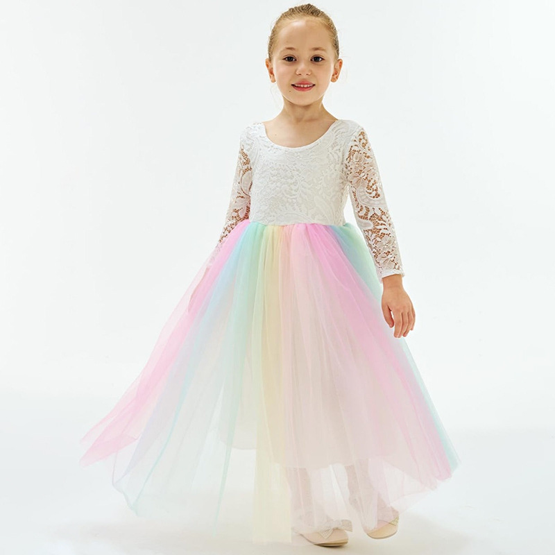 European and American Best Selling Girls Colorful dress Trendy Dress for Little Girls Princess Dress Evening Performance Children Lace Dress