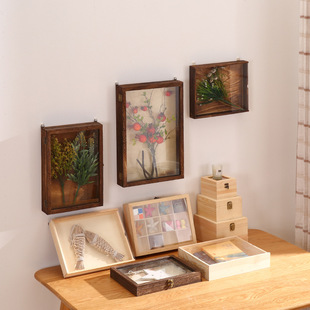 Insect Display Box Chinese Flip Retro Acrylic Wooden Box Butterfly Specimen Box Wall Hanging Dry Flower Storage Wooden Box