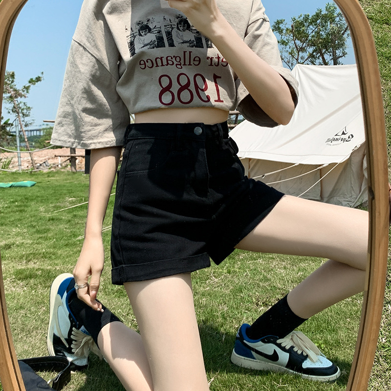 Black Curled Denim Shorts Women's 2023 Summer New High Waist Loose Slimming Spice Girl A- Line Wide Leg Hot Pants