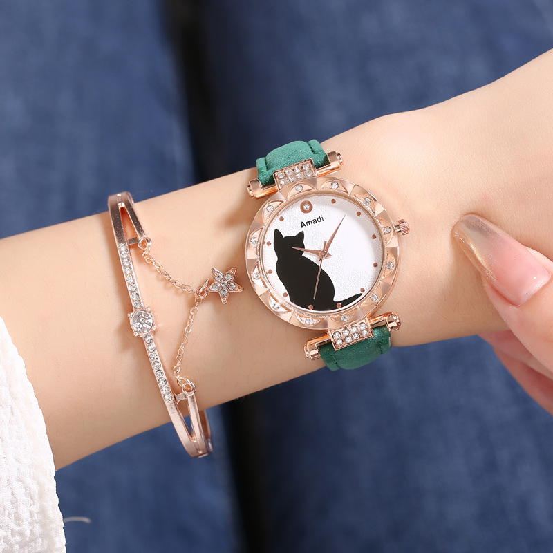 Amadi Brand Foreign Trade Cute Kitten Student Women Fashion Belt Quartz Women's Watch Bracelet Set Watch