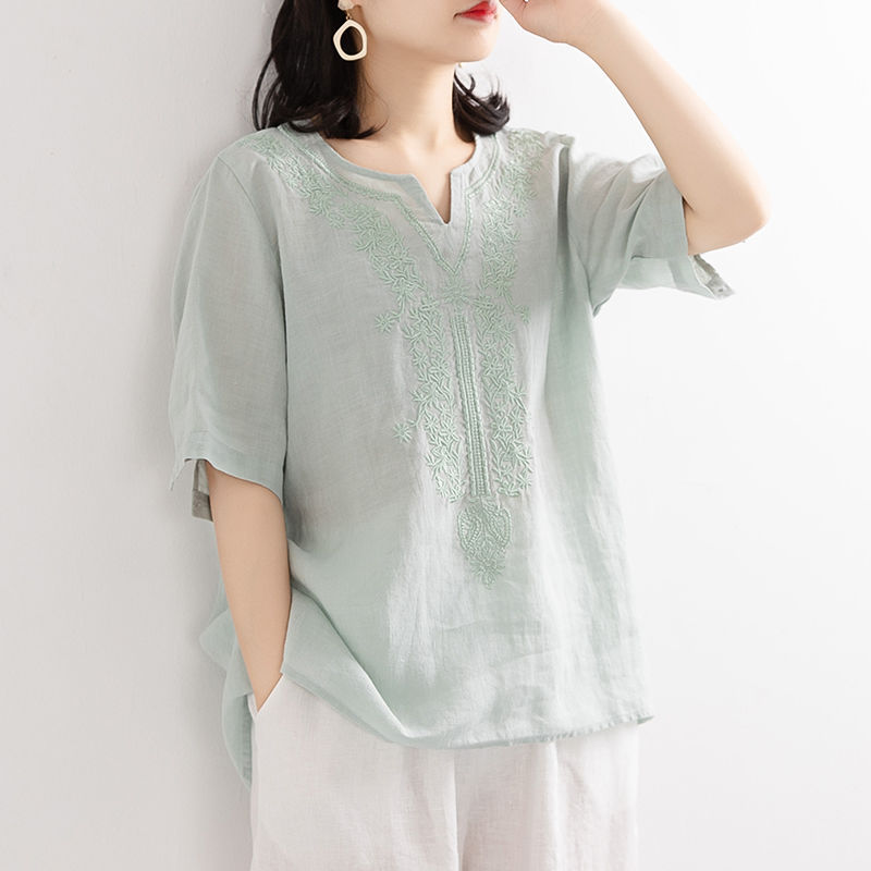 2023 Summer New Style Cotton and Linen Embroidered Shirt Women's Artistic Loose Pullover Short Embroidered Cuff Button V-neck Large Size T-shirt