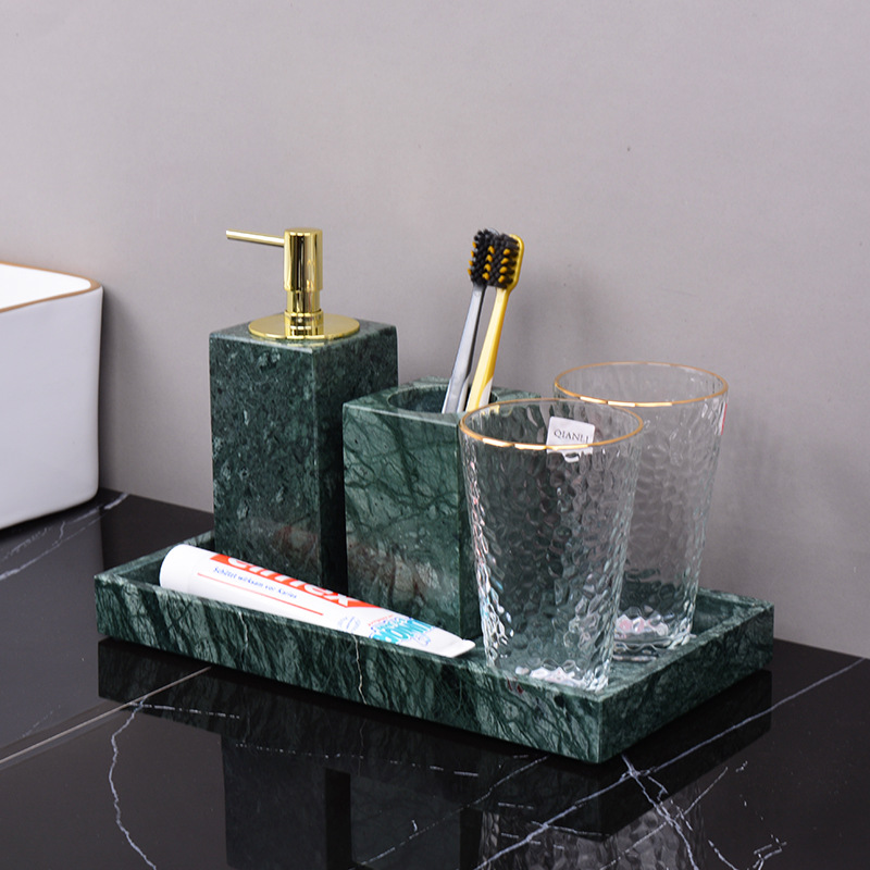 Marble green bathroom wash kit wash table tray lotion bottle cotton swab jar bathroom three four piece set ins