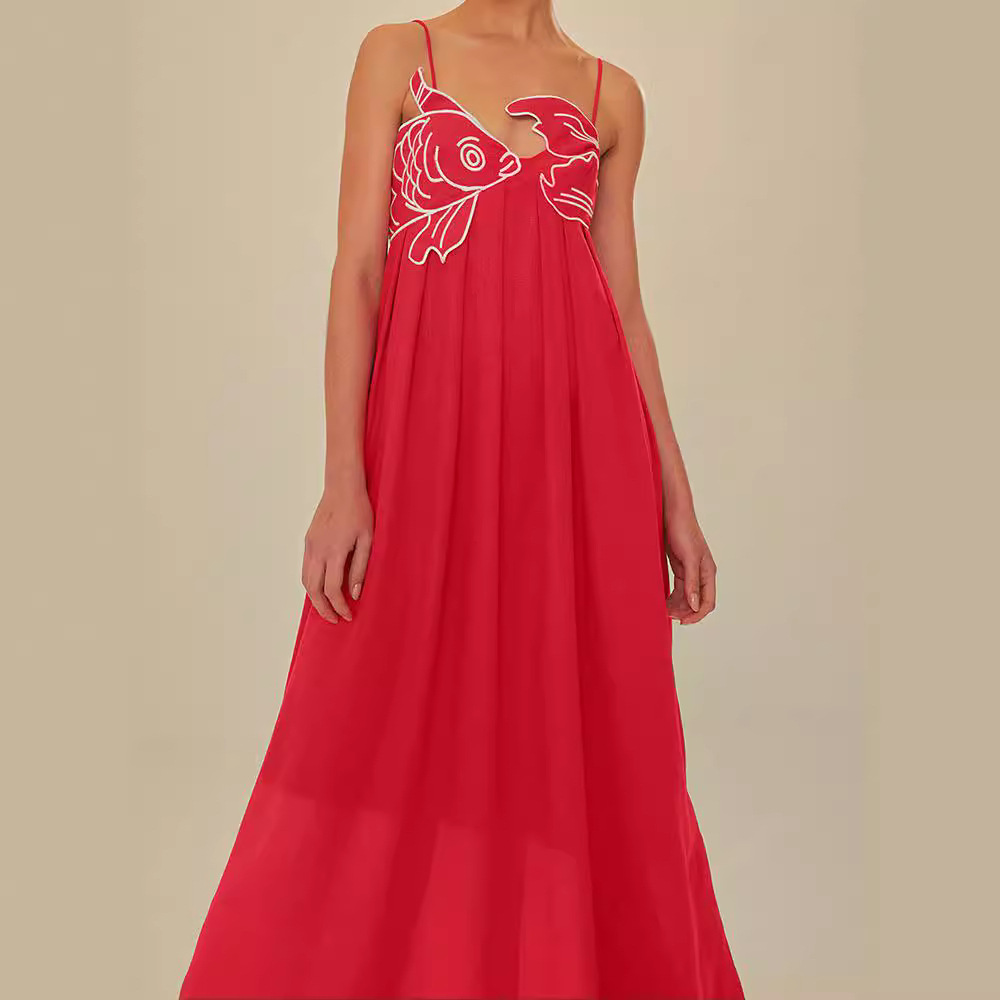 Europe and the United States cross-border 2024 summer new fashion elegant red fish-shaped top long dress backless skirt