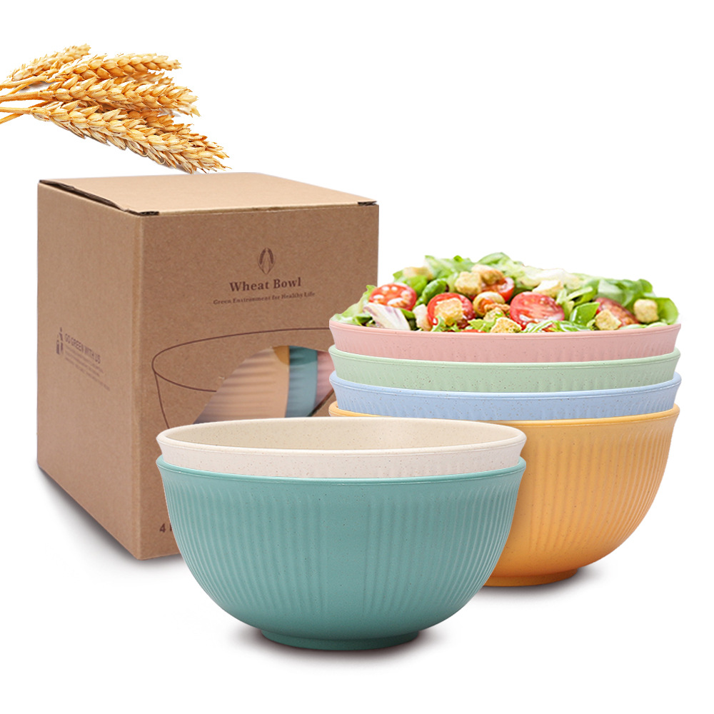 Wheat Straw Bowl Household Rice Bowl Vertical Pattern Japanese Ramen Bowl Salah Bowl Student Dormitory Instant Noodle Soup Bowl Boxed