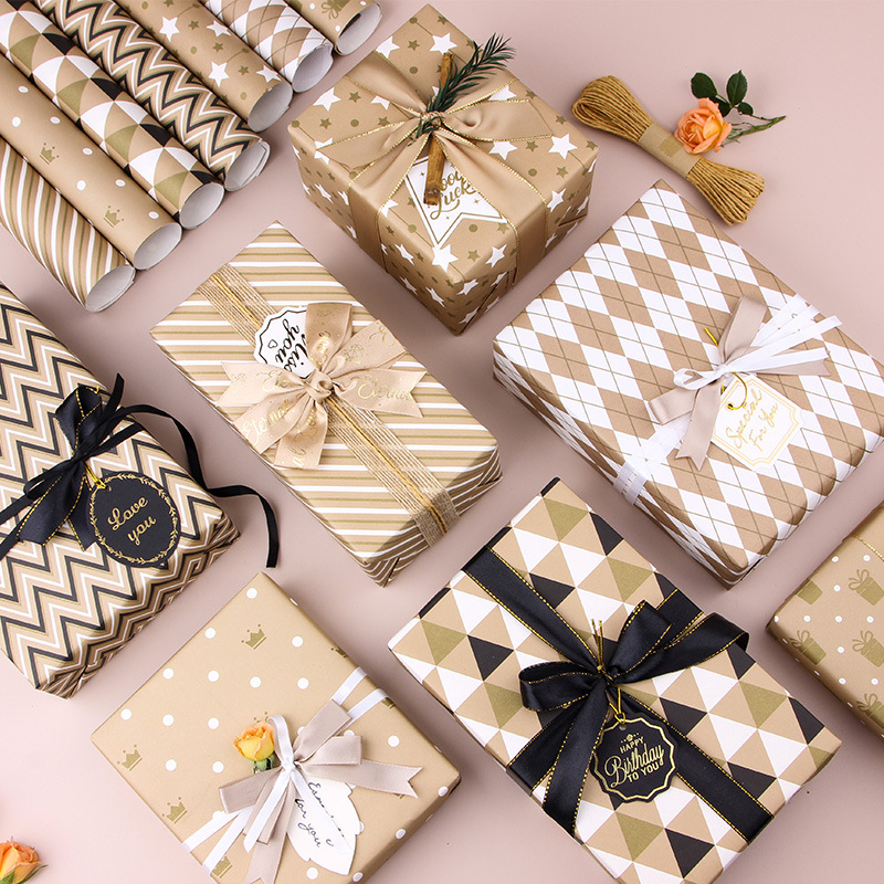 Cross-border printing gold gift wrapping paper festival simple light luxury plaid striped diy wrapping paper gift paper wholesale