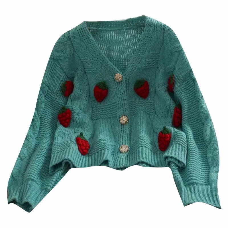 2023 Korean Style Strawberry Three-dimensional Crochet Long-sleeved Jacket Knitted Cardigan Women's Coarse Wool Autumn New Embroidered Strawberry