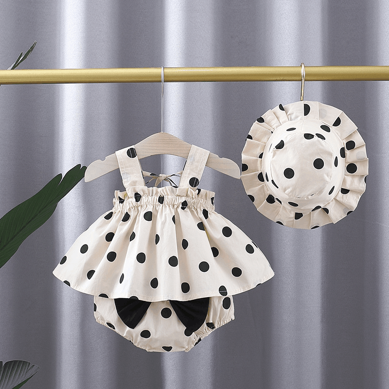 Summer New Fashion Girl Baby 3-piece Set European and American Polka Dot Sling Dress Panties Bow Sun Hat