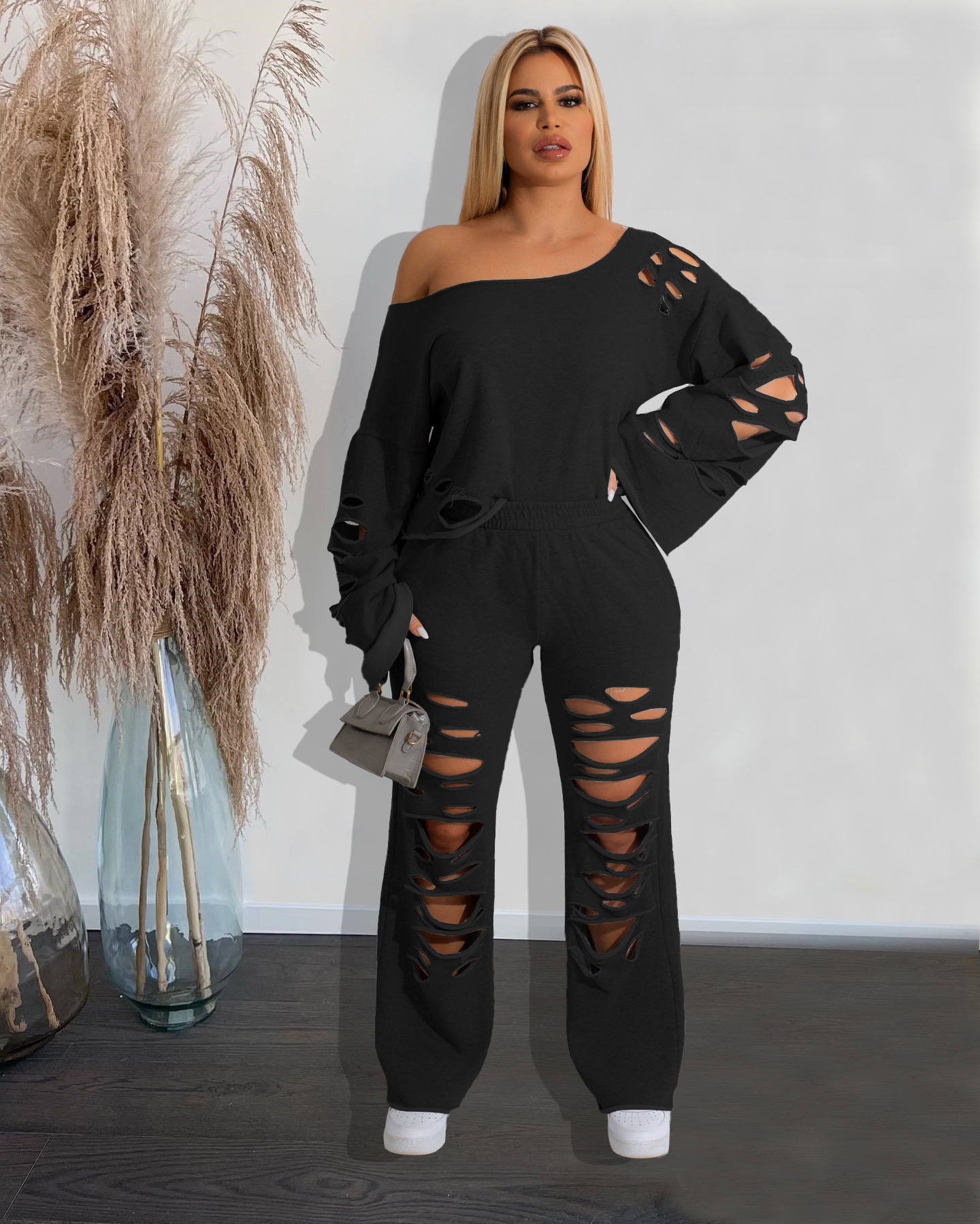 MX6120 Cross-border Supply New European and American Women's Casual Solid Color Hole Loose Sweater Two-piece Suit