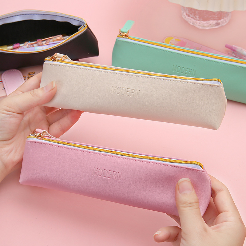 2024 New Student Pencil Bag Cross-border Special for School Supplies Stationery Bag PU Leather Solid Color Pencil Storage Bag Pencil Bag