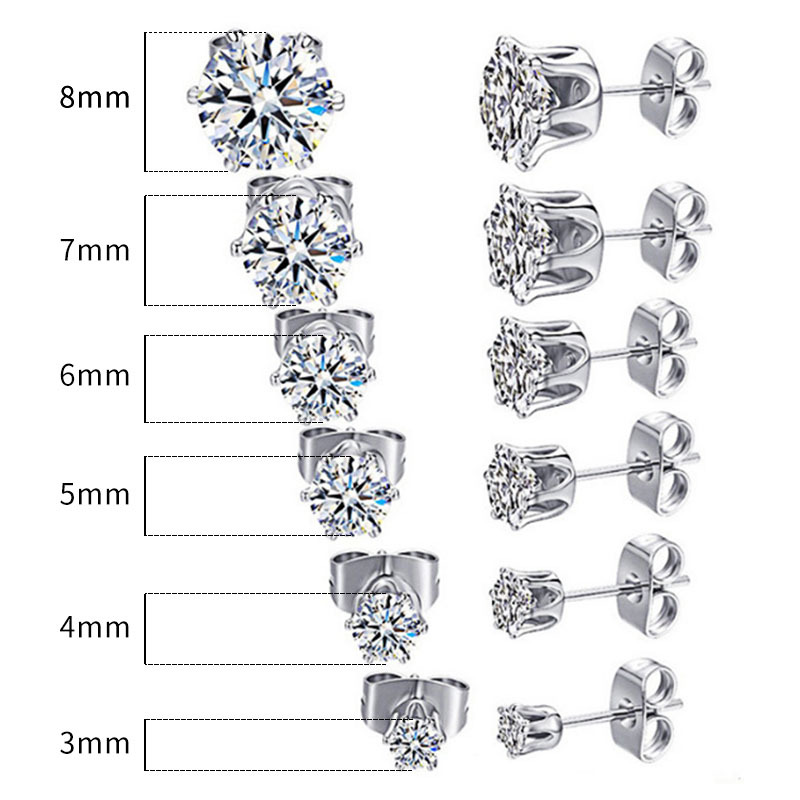 Foreign trade crown six-claw stainless steel zircon earrings small earrings earrings color diamond ear bone nails women's fashion jewelry wholesale