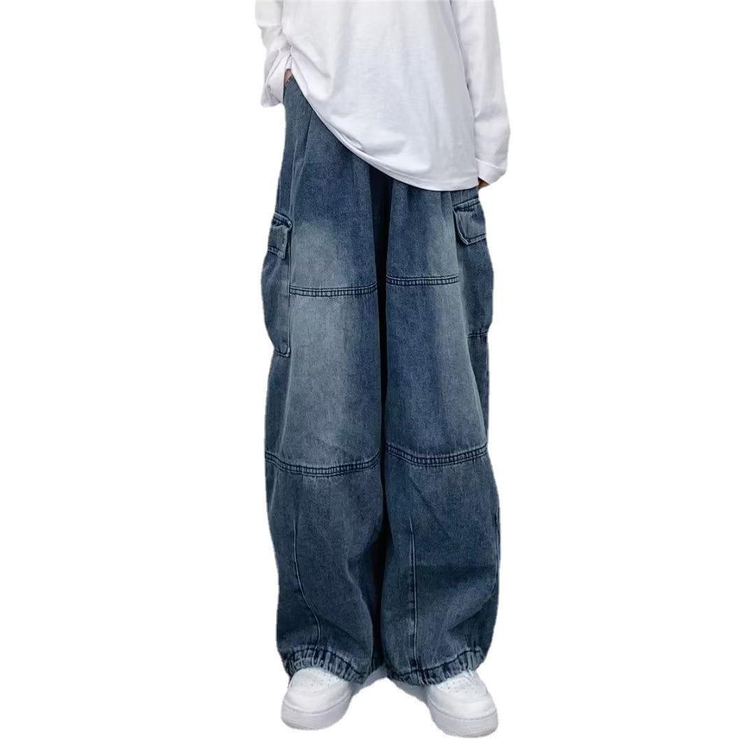 Trendy Brand Hong Kong Style Retro Draping Loose Wide Leg Casual Large Pocket Workwear Denim Washed New Torre Pants for Men and Women