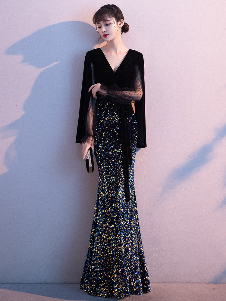 Black evening dress for women 2024 spring new banquet fishtail temperament annual meeting host banquet dress
