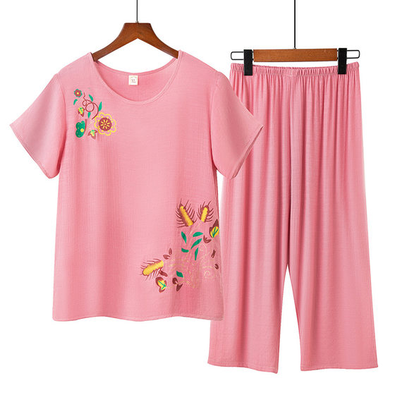 New Mom Pajamas Women's Summer Cotton and Linen Short-sleeved Two-piece Suit Summer Thin Grandma's Home Clothes Outer Wear
