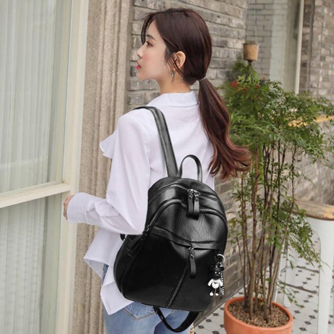 PU Backpack Women's 2023 Spring and Summer New Korean Style Large Capacity Student Schoolbag Trendy Solid Color Women's Soft Leather Backpack