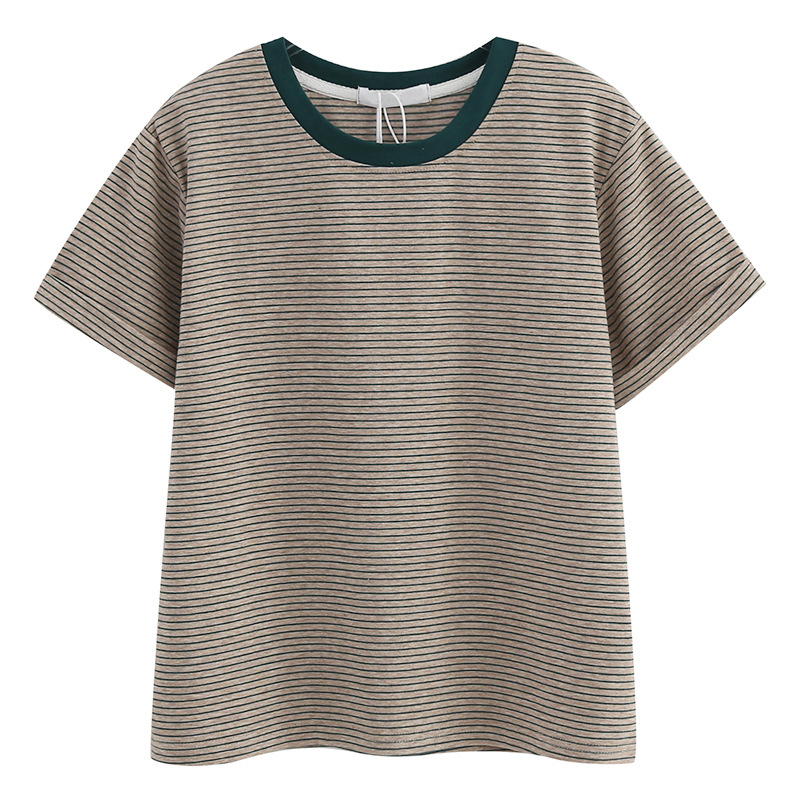 Striped color matching short sleeve T-shirt women's ins trendy women's pure cotton bottoming shirt 2023 Summer loose design sense top wholesale