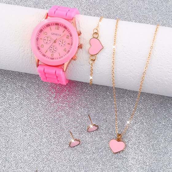 Cross-border New Women's Korean-style High-end Quartz Watch Simple Classic Imitation Leather Strap Watch Women's Set + Accessories