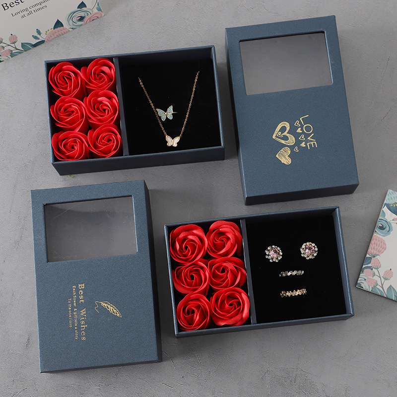 Valentine's Day Jewelry Box Six Roses Gift Box Ring Pendant Bracelet Box Heaven and Earth Cover Eternal Flower Jewelry Box