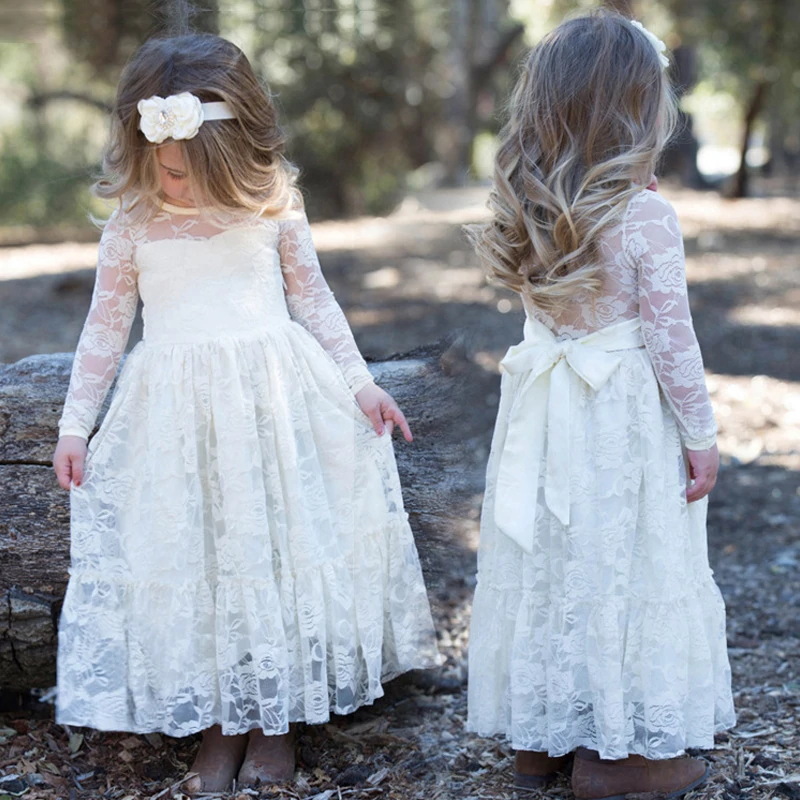 High-end long-sleeved embroidered lace dress girls' princess dress European and American children's dress lace Hollow children's dress
