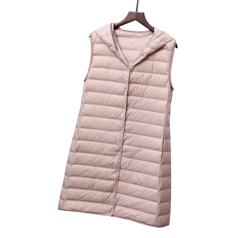 Down Vest Women's new mid-length slim fit fashionable hooded lightweight lightweight seamless adhesive cross-border white duck down vest