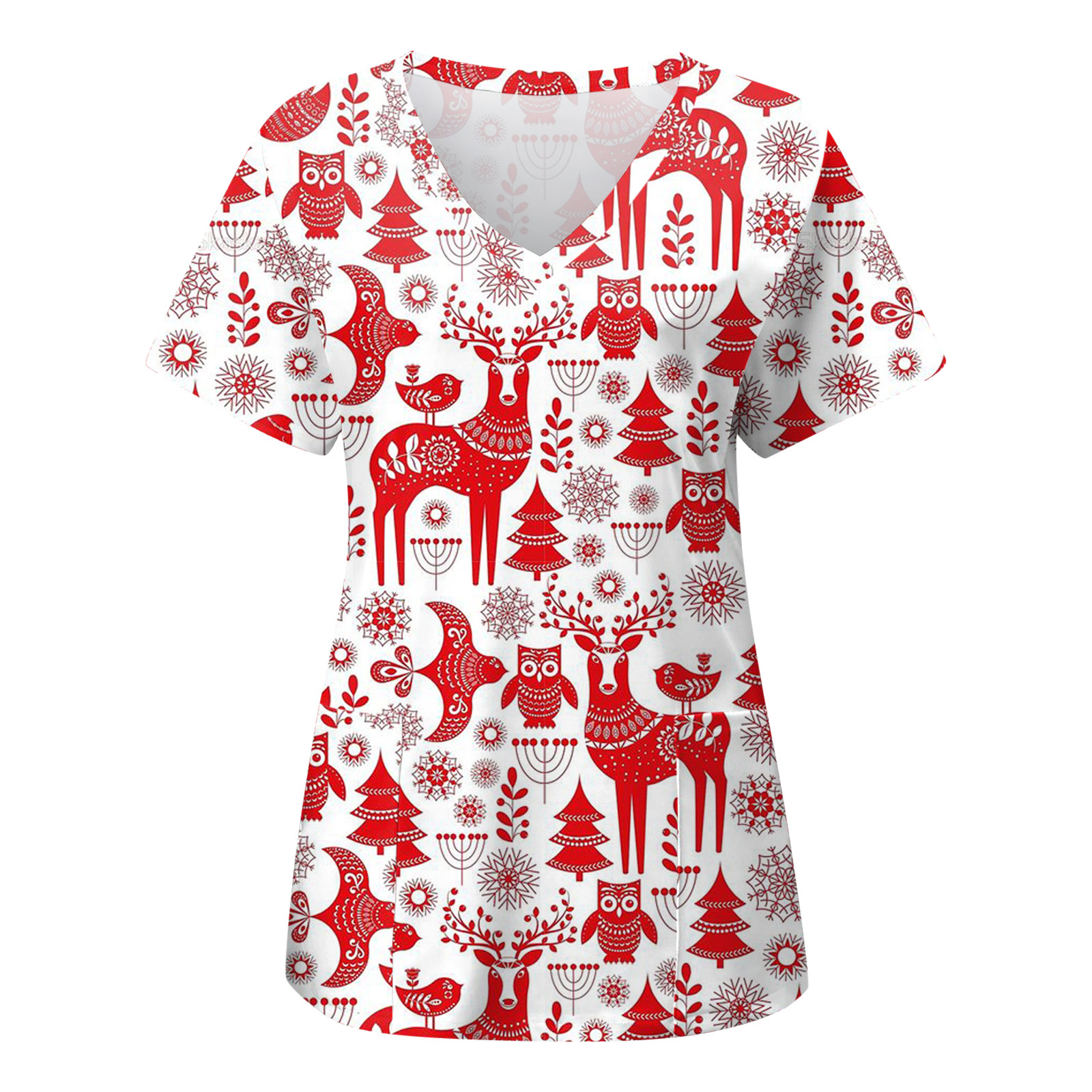 2023 Independent station Foreign trade autumn and winter New Christmas digital 3D printing V-neck pocket short sleeve t-shirt women's protective clothing